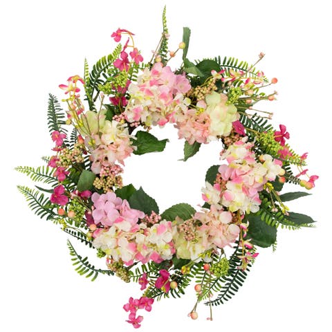 Hydrangea, Berry And Fern Artificial Spring Floral Wreath, Pink - 20-inch