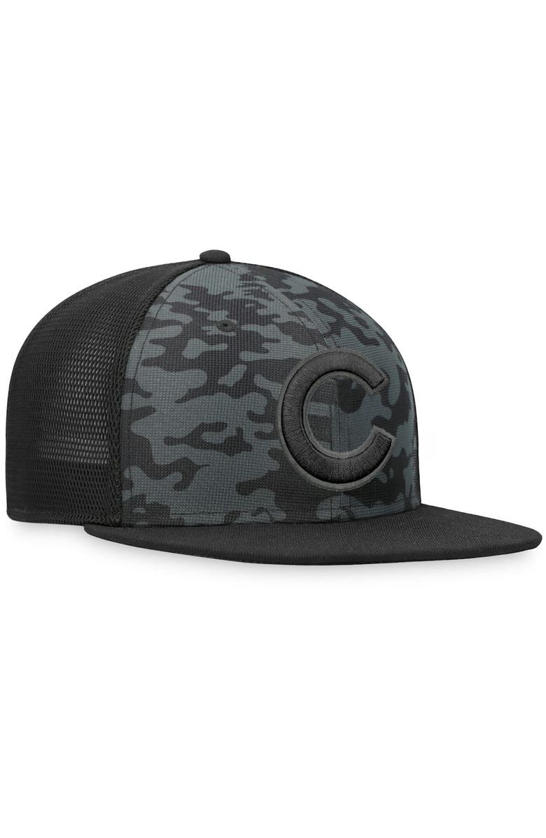 FANATICS Men's Fanatics Branded Black Chicago Cubs Camo Mesh Snapback Hat, Alternate, color,
