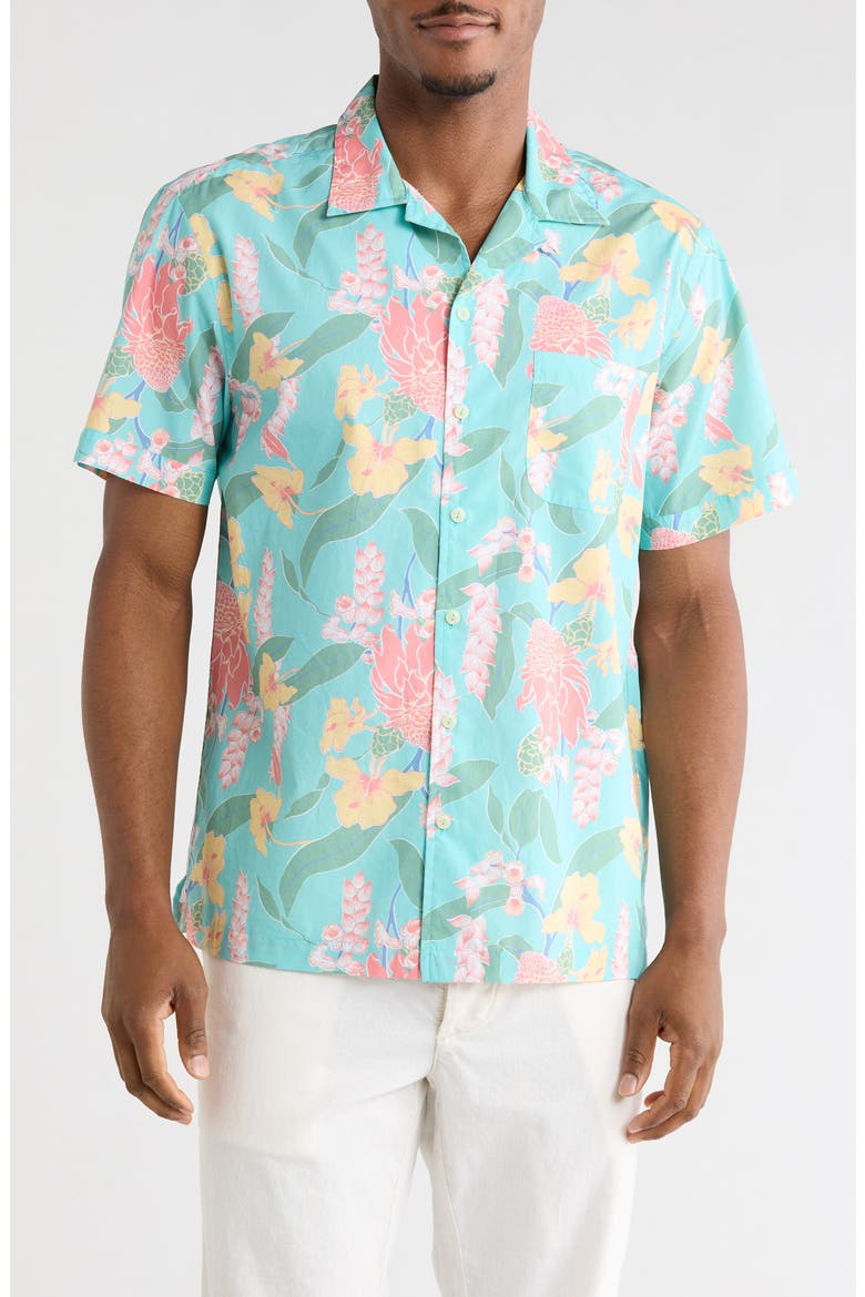 Leaf Short Sleeve Camp Shirt, Main, color, AQUA