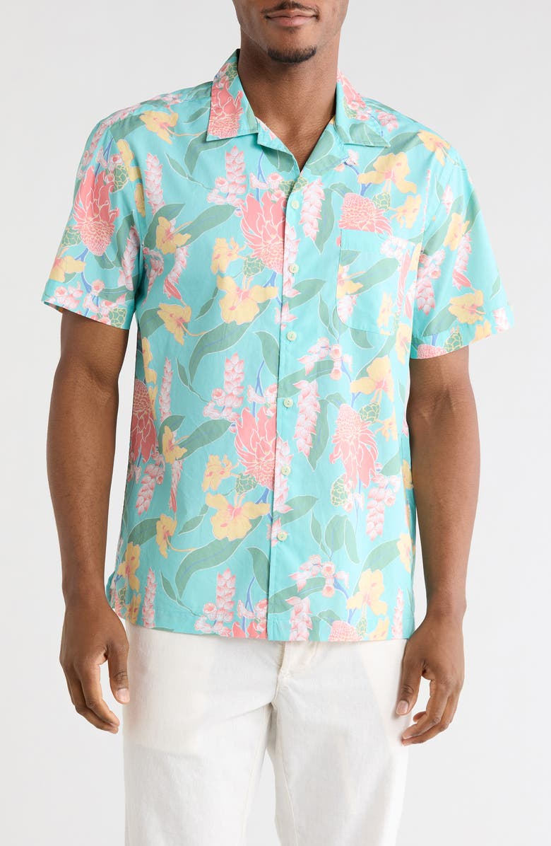 Brooks Brothers Leaf Short Sleeve Camp Shirt, Main, color, Aqua