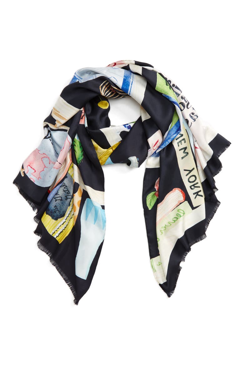 bookshelf print silk scarf, Main, color, RICH NAVY