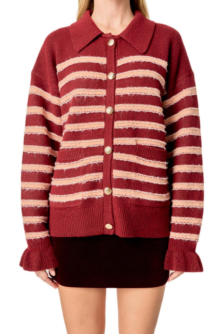 Stripe Ruffle Cuff Collar Cardigan, Alternate, color, BURGUNDY/SALMON