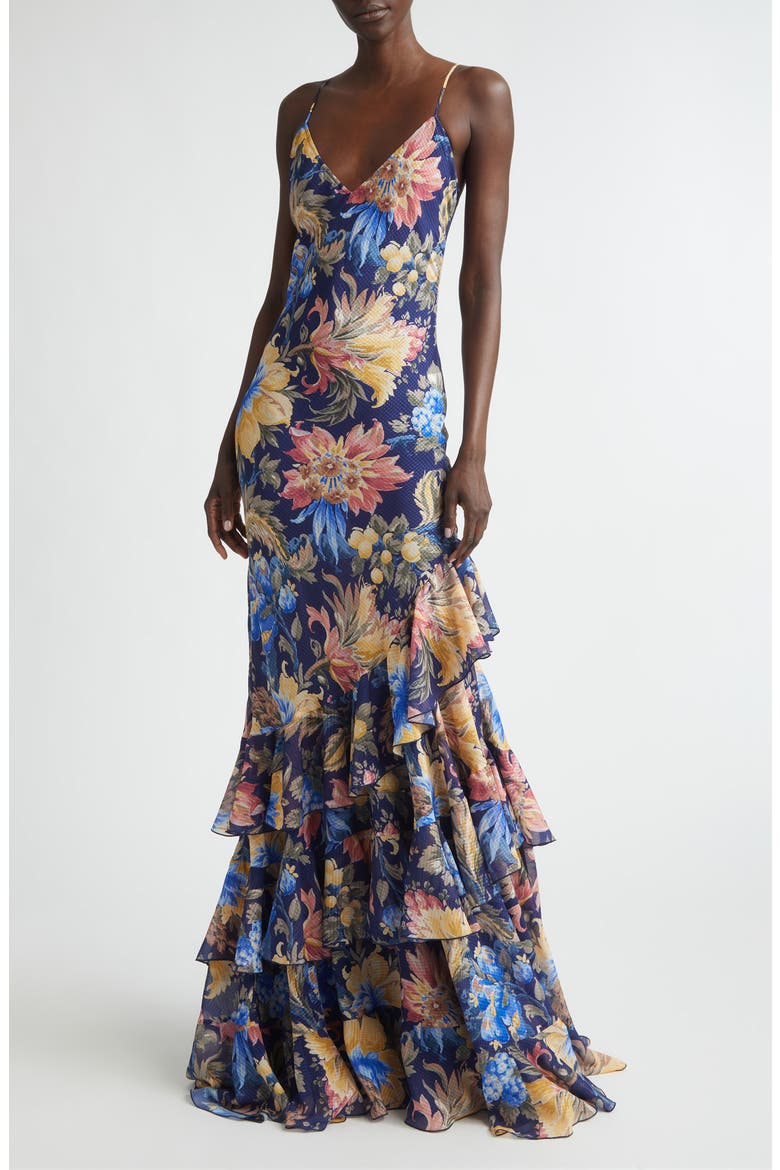 Floral Ruffle Check Jacquard Gown, Main, color, PRINT ON BLUE BASE