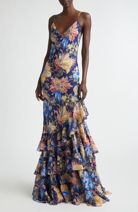 Floral Ruffle Check Jacquard Gown