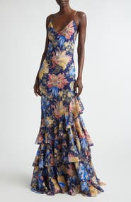 Etro Floral Ruffle Check Jacquard Gown