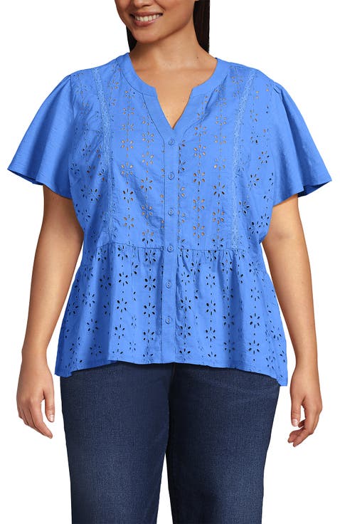 Plus Size Short Sleeve Mixed Media Eyelet Top