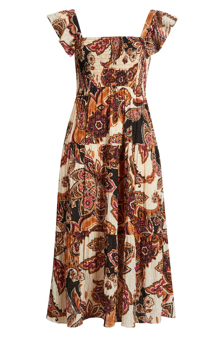 Paisley Tiered Midi Sundress, Alternate, color, BROWN MULT