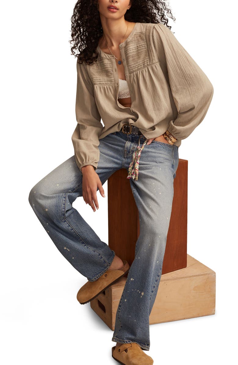 Lucky Brand Lace Inset Cotton Button-Up Peasant Top, Alternate, color, Laurel Oak