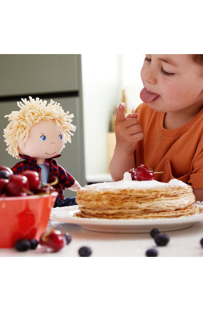 HABA Nick 12" Soft Doll - Baby Boy Doll with Blonde Hair and Blue Eyes (Machine Washable) Perfect Plush Toy for 18 Months & Up, Alternate, color, Red Multi