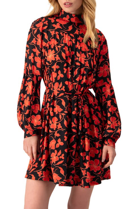 Black Mini Dress With Red Floral Print And Drawstring Waist