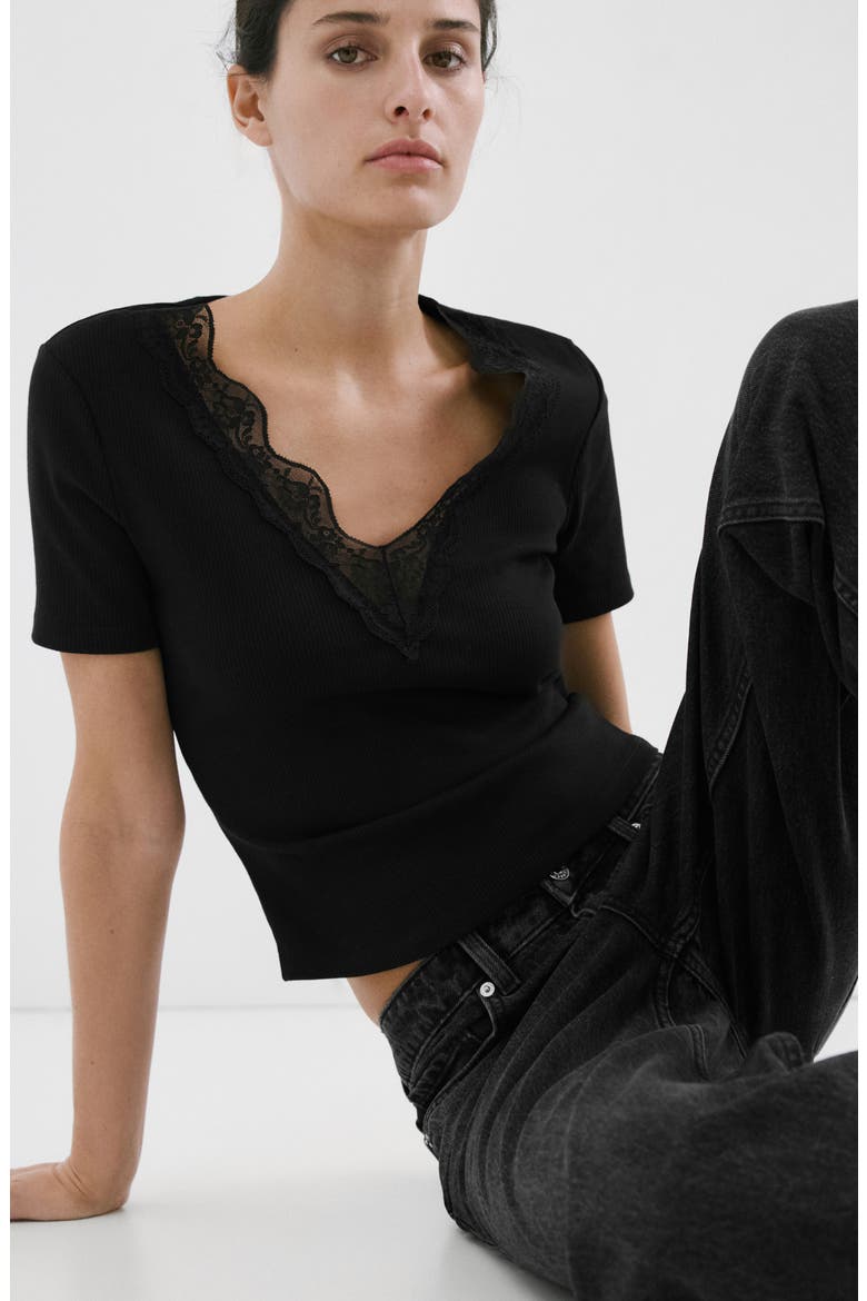 Lace Trim Rib Knit Crop Top, Alternate, color, BLACK