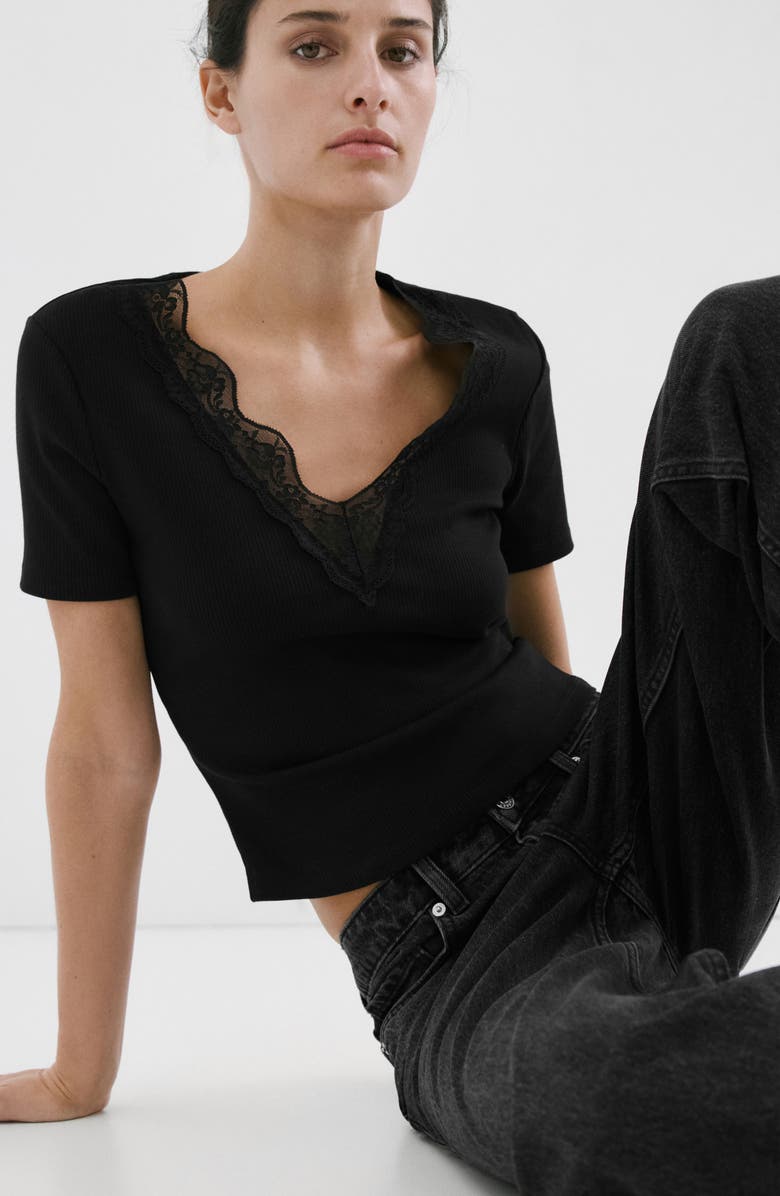 MANGO Lace Trim Rib Knit Crop Top, Alternate, color, 
