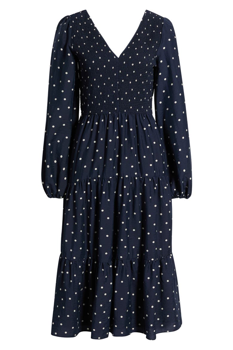 Smocked Long Sleeve Midi Dress, Alternate, color, NAVY IVORY TOSS DOT