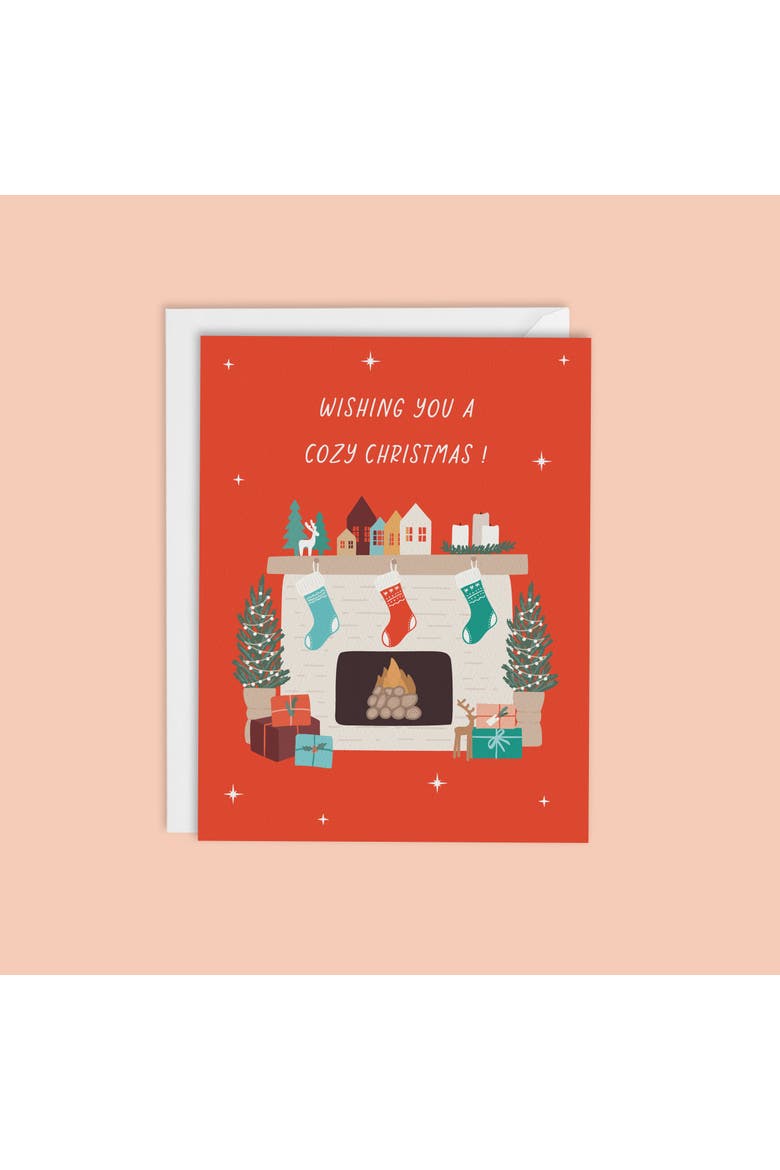 Cozy Fireplace Christmas Card-Boxed Set of 8 cards, Alternate, color, Red