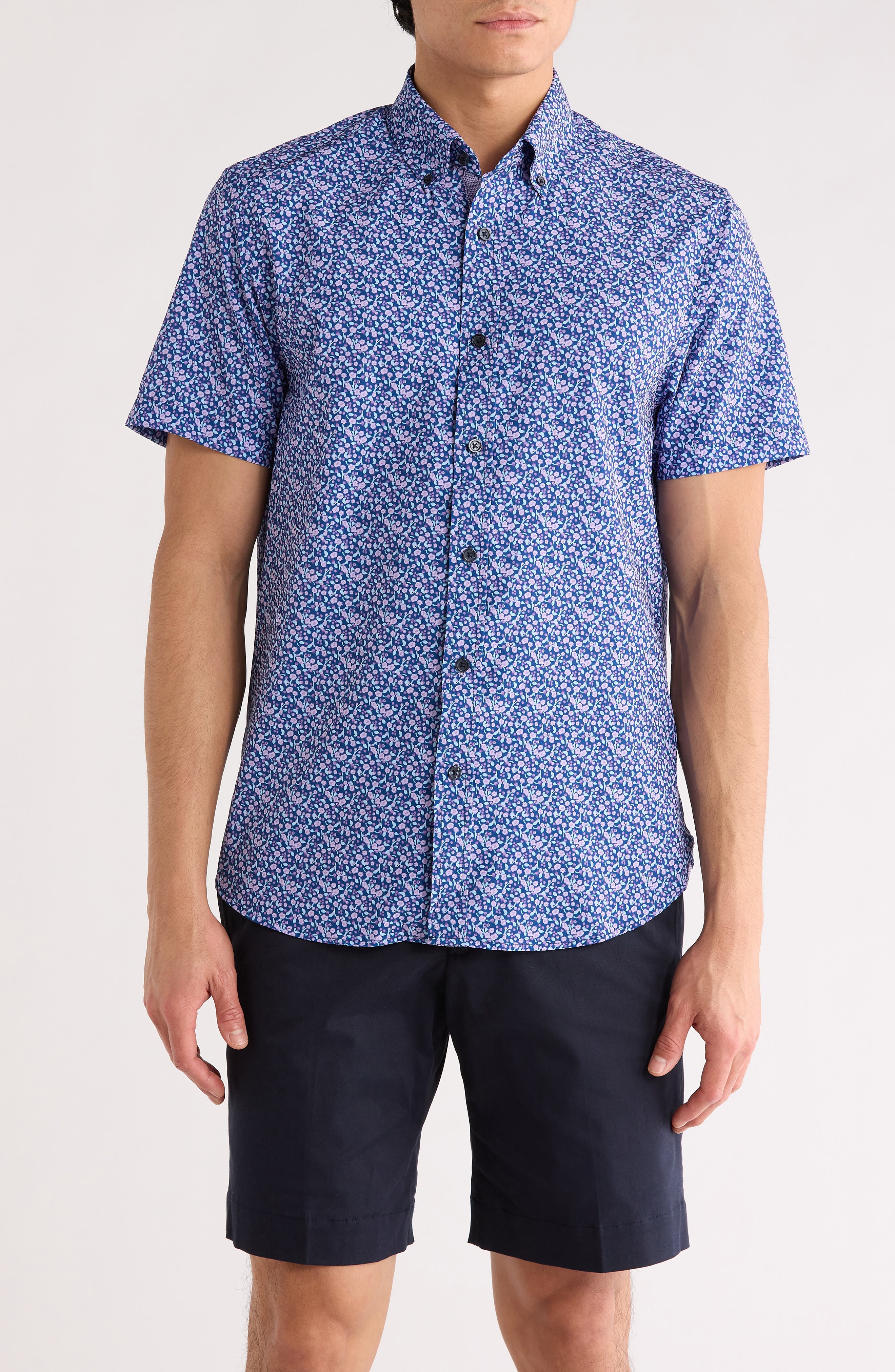 CONSTRUCT Slim Fit Floral Leaf Print Short Sleeve Button-Down Shirt