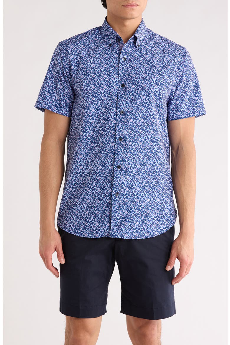 Slim Fit Floral Leaf Print Short Sleeve Button-Down Shirt, Main, color, NAVY/ PURPLE
