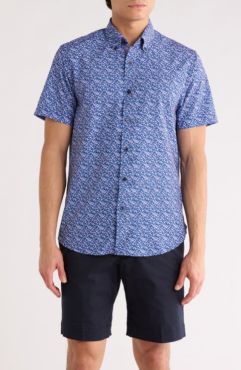 Slim Fit Floral Leaf Print Short Sleeve Button-Down Shirt