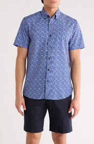 CONSTRUCT Slim Fit Floral Leaf Print Short Sleeve Button-Down Shirt