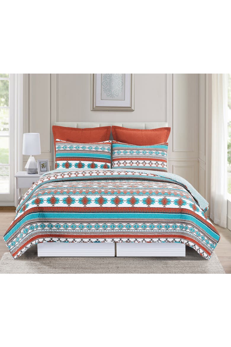 Aqua Valley Cotton Quilt Set  - Reversible and Machine Washable, Alternate, color, Orange