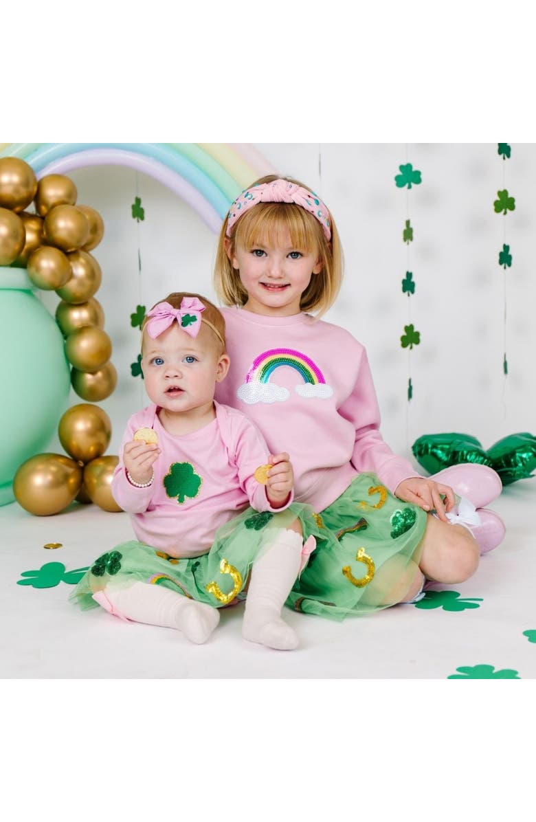 Sweet Wink Shamrock Patch St. Patrick's Day Long Sleeve Bodysuit, Alternate, color, 