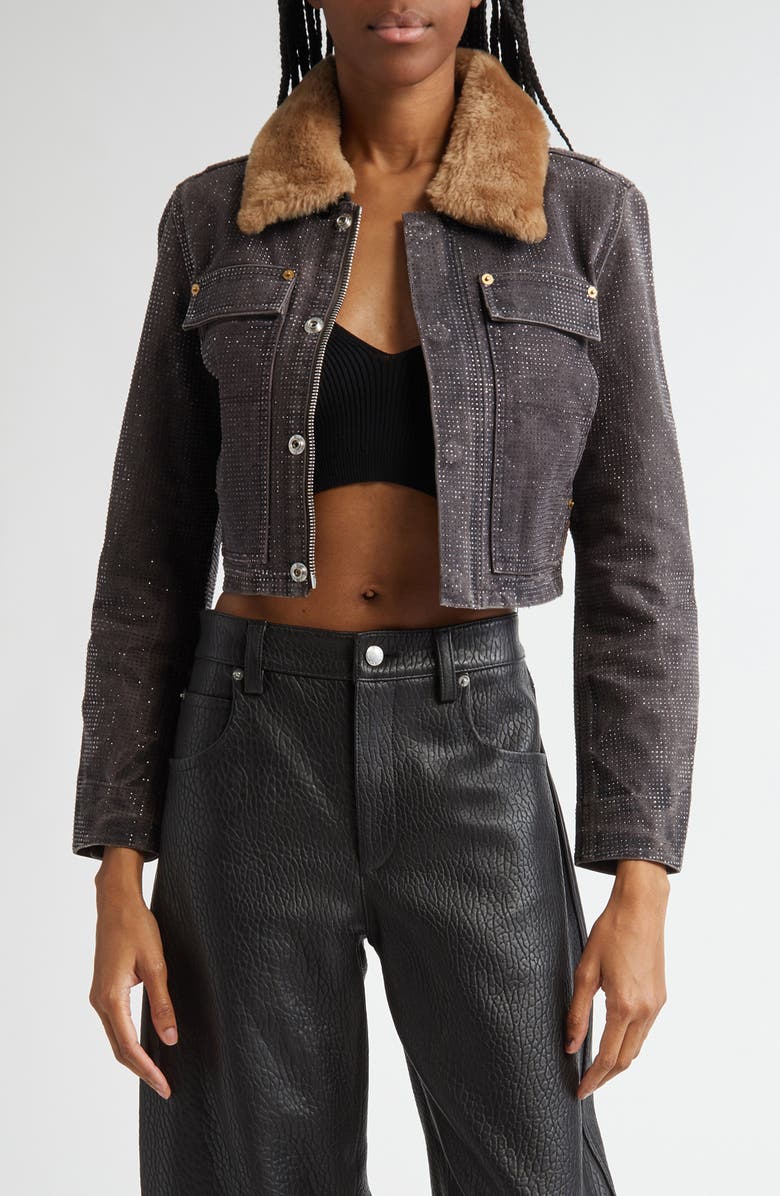 Alexander Wang Workwear Shrunken Trucker Jacket with Faux Fur Collar, Main, color, 