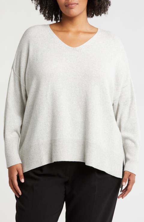 V-Neck Organic Cotton & Recycled Cashmere Blend Sweater (Plus)