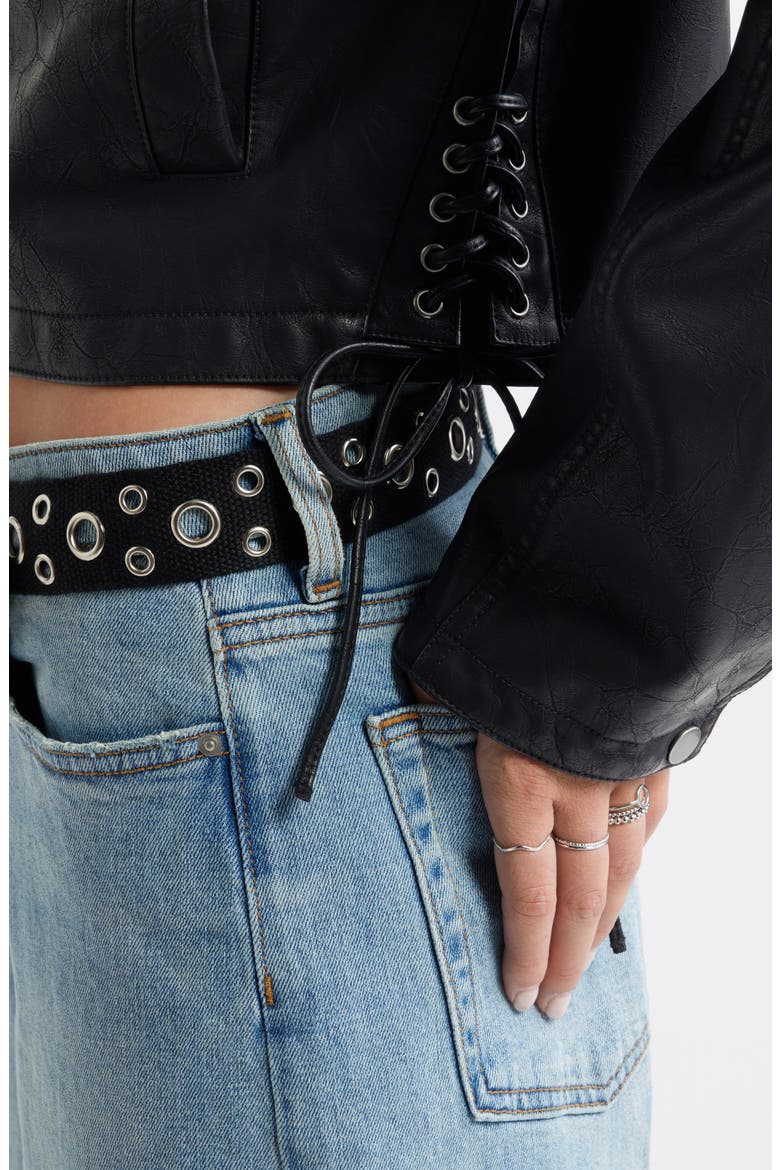 Side Tie Faux Leather Moto Jacket, Alternate, color, BLACK