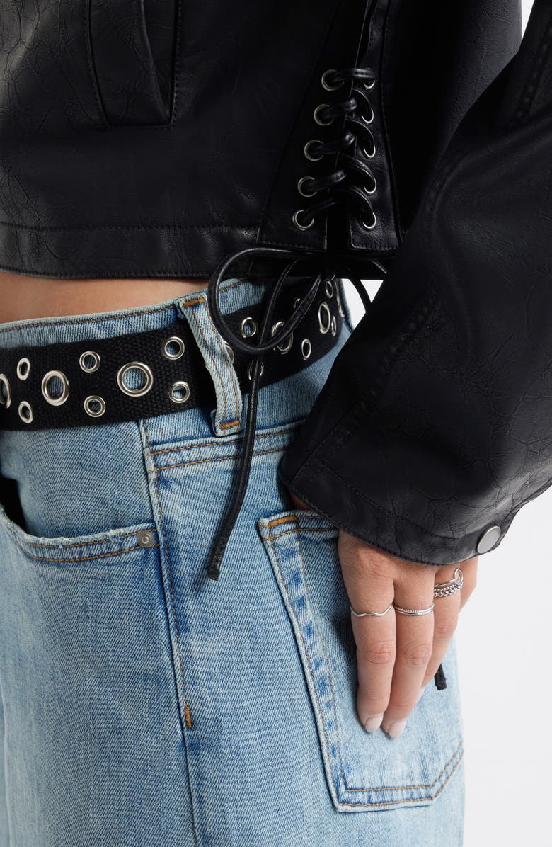 BP. Side Tie Faux Leather Moto Jacket, Alternate, color, Black