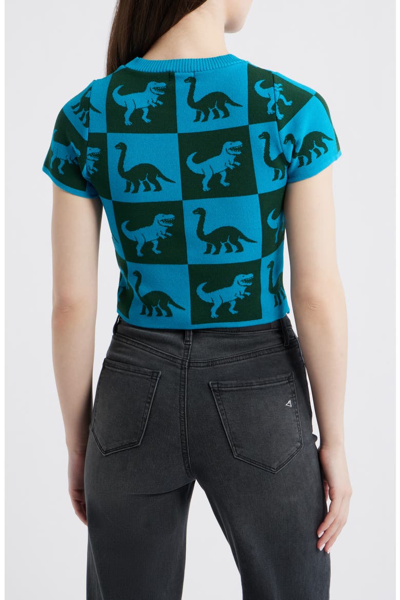 Dino Drama Sweater, Alternate, color, DARK GREEN AND BLUE CHECK