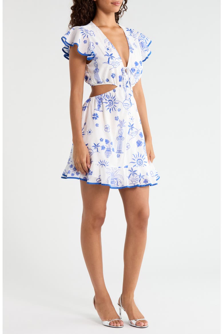 Alvina Tropical Print Cutout Detail Cotton Minidress, Alternate, color, BLUE-WHITE