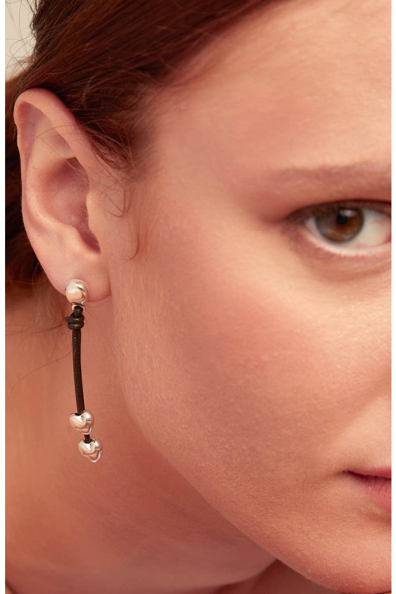 Leather Drop Earrings with Two Small Hearts, Alternate, color, Silver
