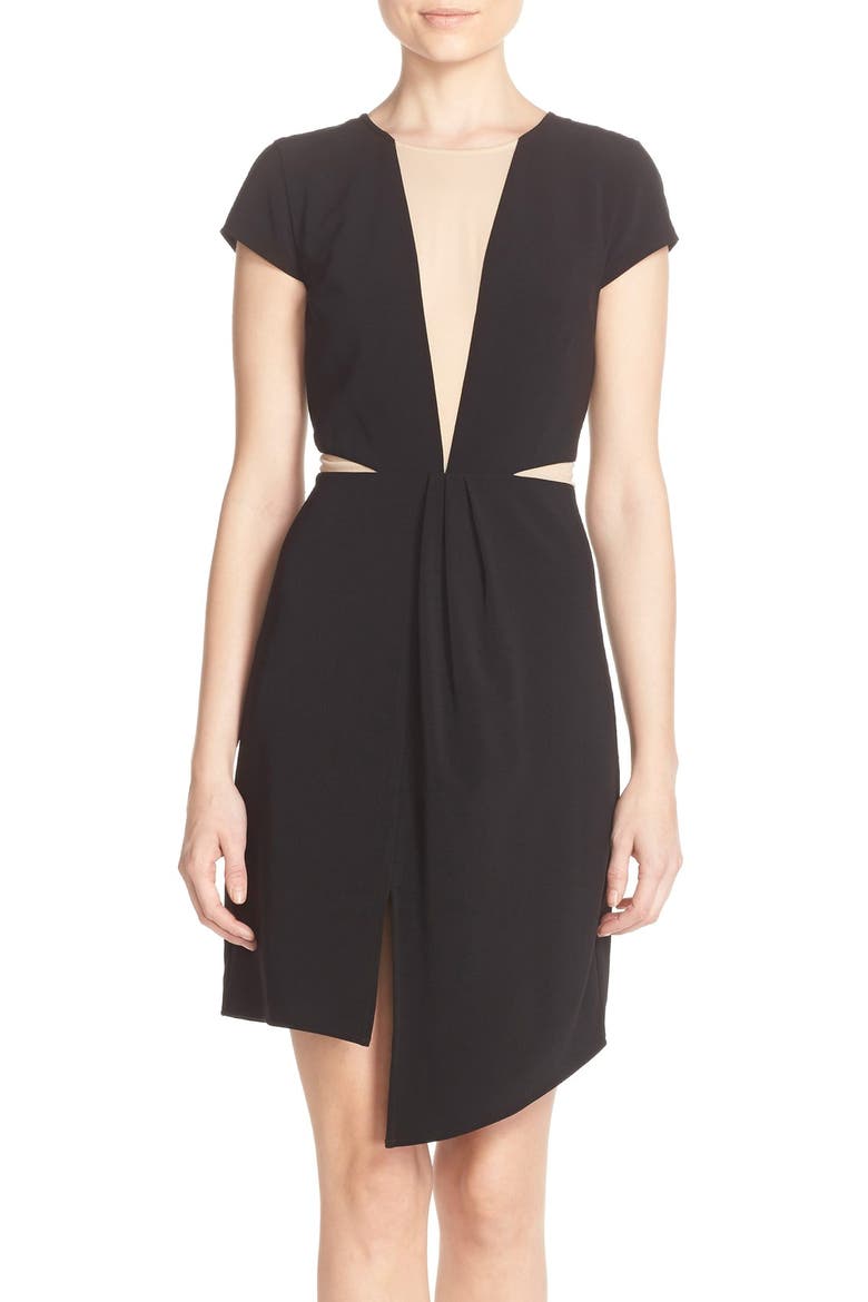 Illusion Mesh & Crepe Sheath Dress, Main, color, BLACK