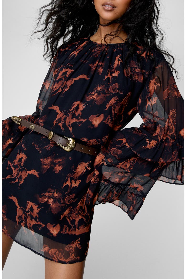 Stallion Print Long Sleeve Minidress, Alternate, color, BLACK