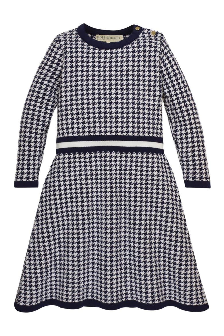 Girls' Fit and Flare Sweater Dress, Toddler, Main, color, Navy Houndstooth