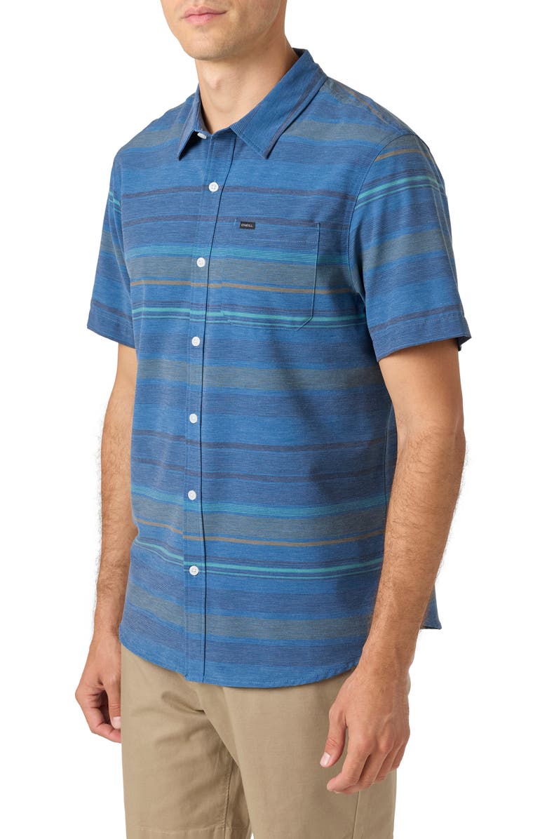 O'Neill TRVLR UPF Traverse Stripe Short Sleeve Performance Button-Up Shirt, Alternate, color, Midnight Navy