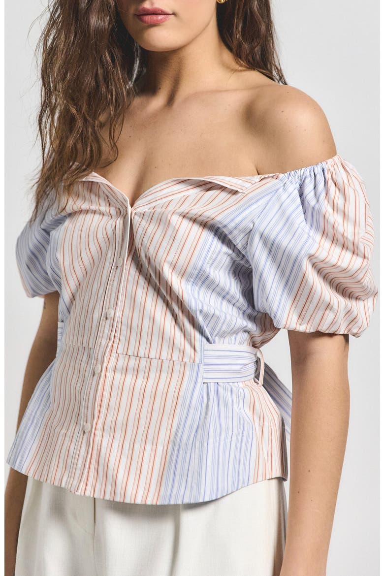 Davina Stripe Off the Shoulder Belted Top, Alternate, color, HORIZON MULTI
