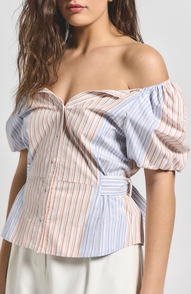 Derek Lam 10 Crosby Davina Stripe Off the Shoulder Belted Top, Alternate, color, Horizon Multi