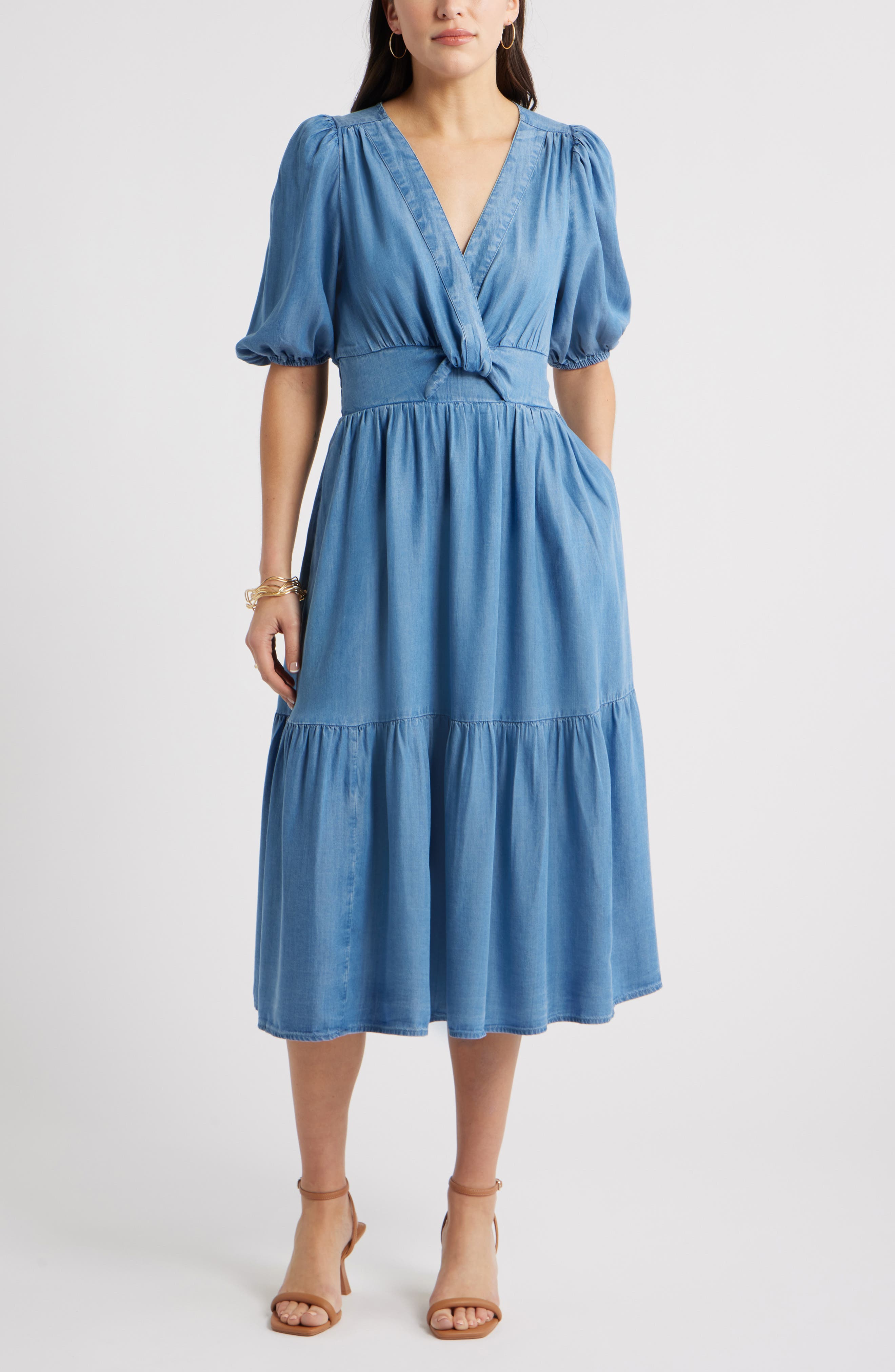 caslon(r) Twist Front Puff Sleeve Chambray Midi Dress in Medium Wash at Nordstrom, Size Xx-Small