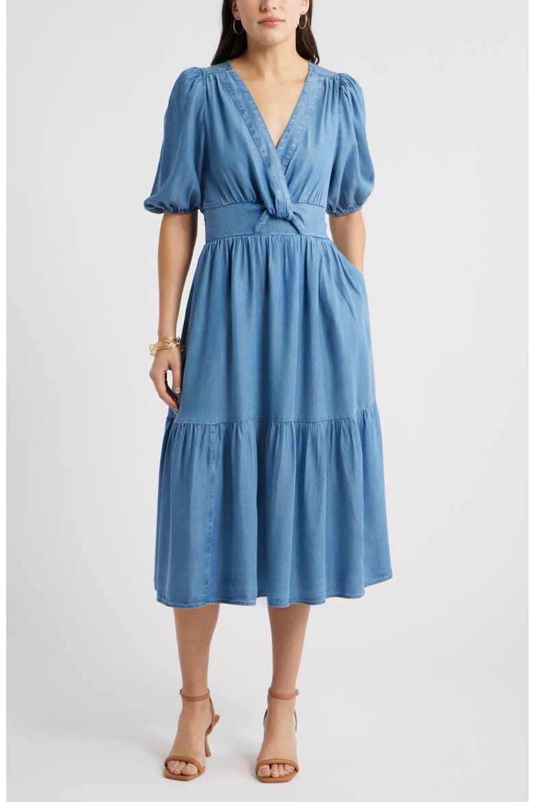 Twist Front Puff Sleeve Chambray Midi Dress, Main, color, MEDIUM WASH