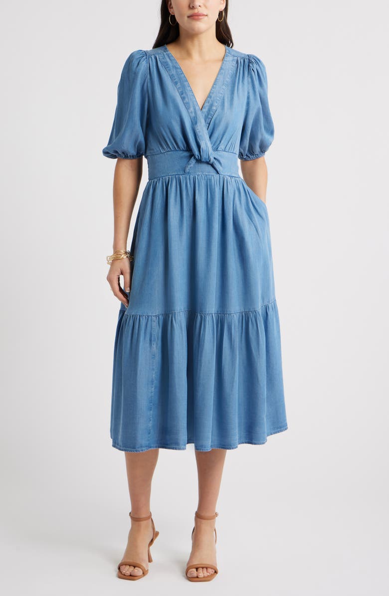 Caslon<sup>®</sup> Twist Front Puff Sleeve Chambray Midi Dress, Main, color, Medium Wash