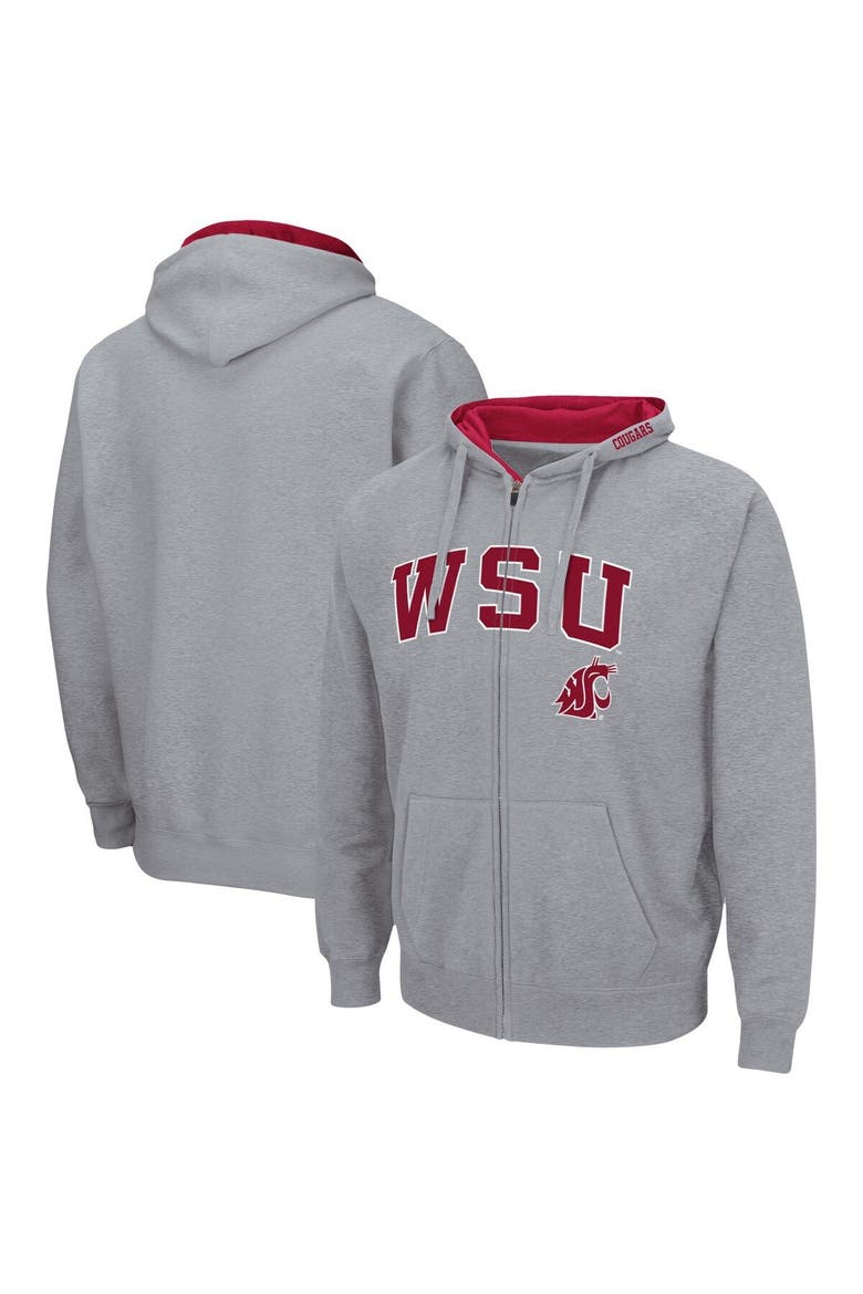 Men's Colosseum Heathered Gray Washington State Cougars Arch & Logo 3.0 Full-Zip Hoodie, Main, color, Heather Gray