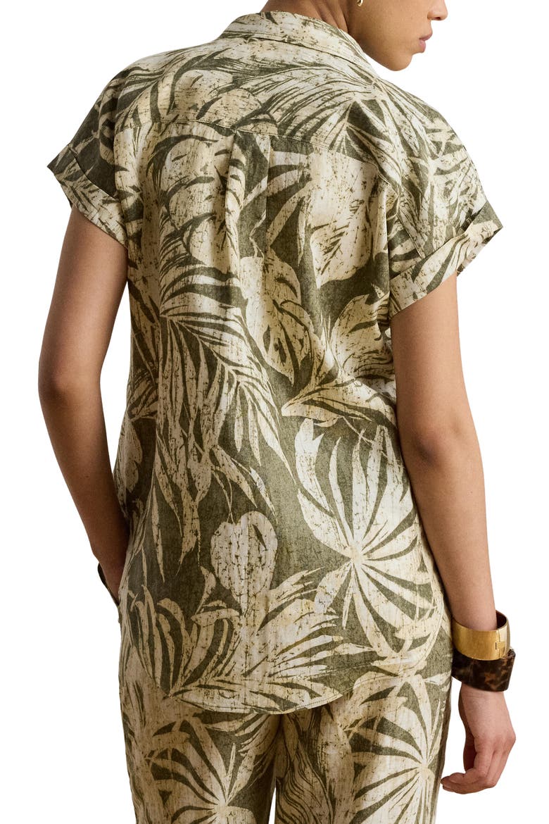 Tropical Print Short Sleeve Linen Shirt, Alternate, color, FARM OLIVE GREEN