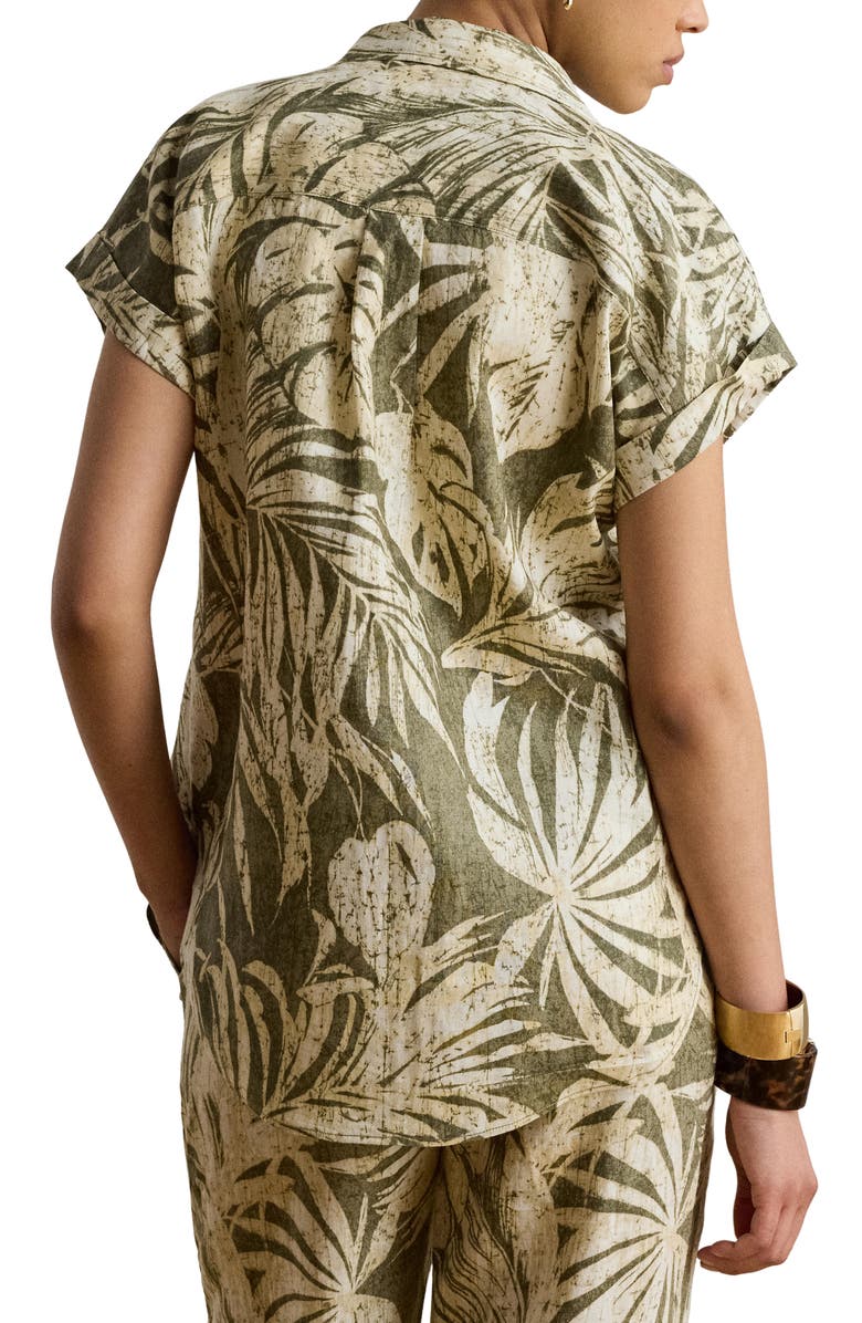 Lauren Ralph Lauren Tropical Print Short Sleeve Linen Shirt, Alternate, color, Farm Olive Green