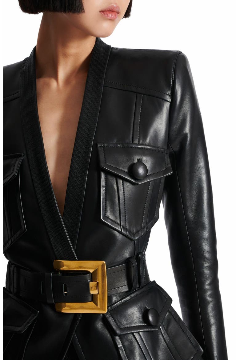 1-Button Belted Leather Jacket, Alternate, color, Black