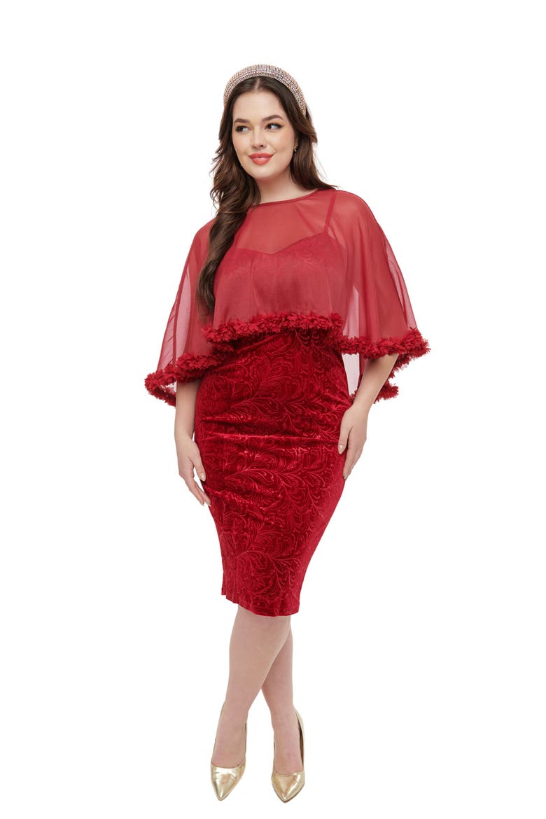 1960s Ruffle Capelet Wiggle Dress, Main, color, Red