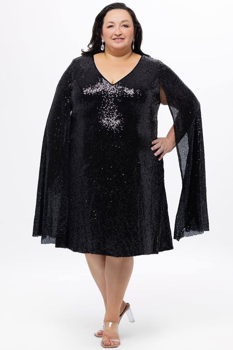 Sequin V-Neck Cape Sleeve Plus Size Party Dress, Alternate, color, Onyx