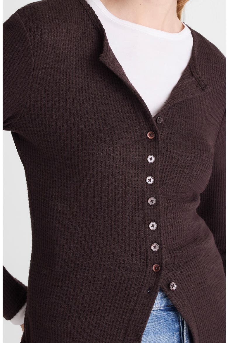 Waffle Knit Cutaway Crewneck Cardigan, Alternate, color, MOLASSES