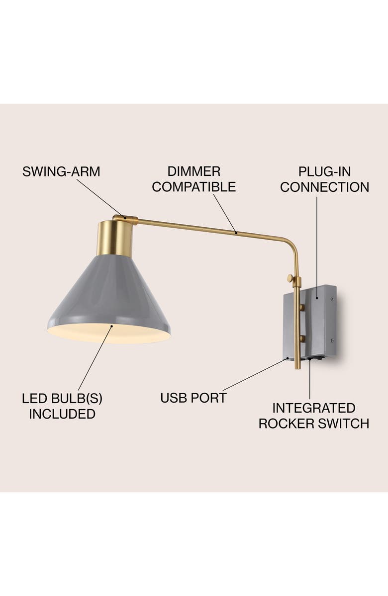 JONATHAN Y Max Swing Arm 1-Light Modern Midcentury Iron USB Charging Port LED Sconce, Alternate, color, Gray