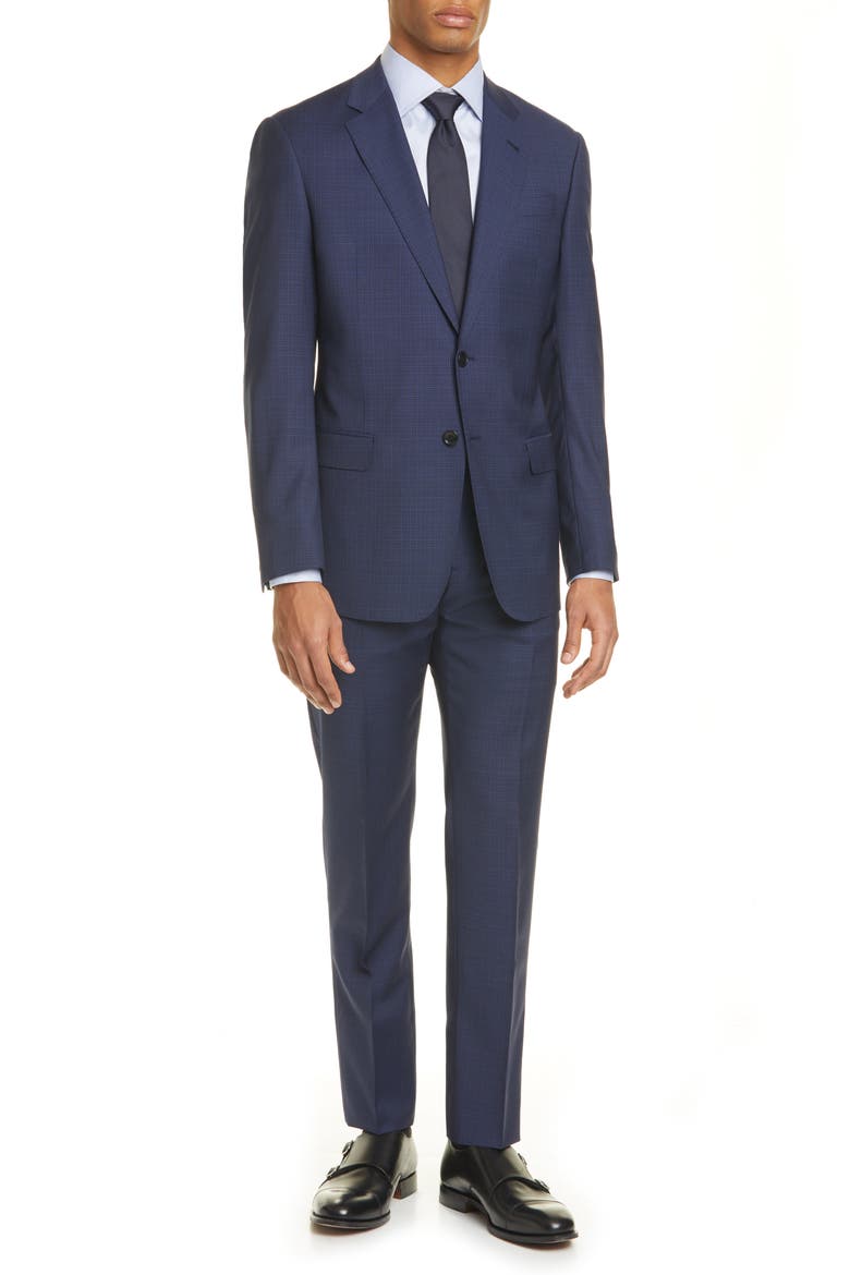 Trim Fit Check Wool Suit, Main, color, BLUE
