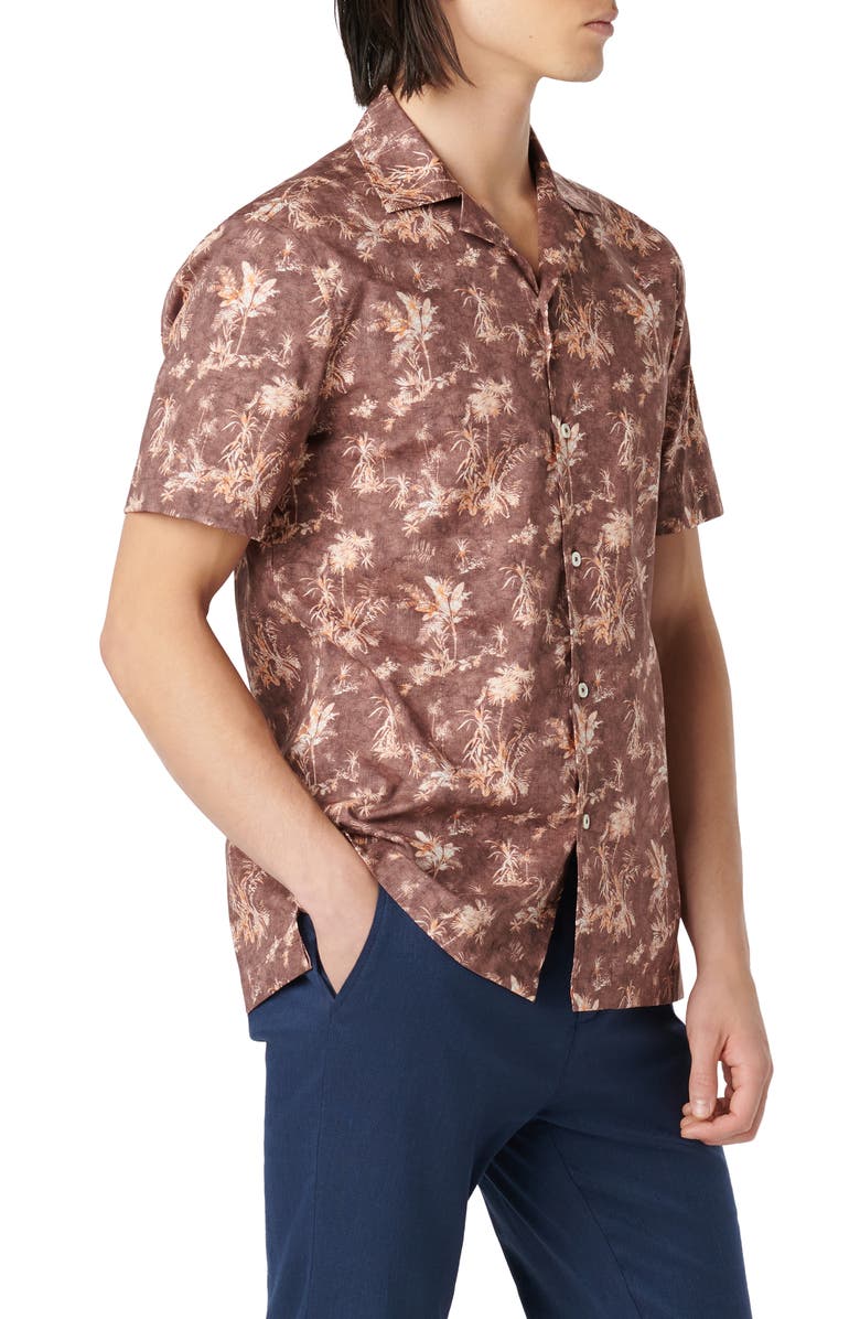 Bugatchi Jackson Shaped Fit Palm Tree Print Button-Up Camp Shirt, Alternate, color, Mocha